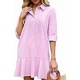 LifeShe Women's Tunic Mini Shirt Dress Cotton Long Sleeve Ruffle Hem Dress Button Up Shift Chambray Dresses