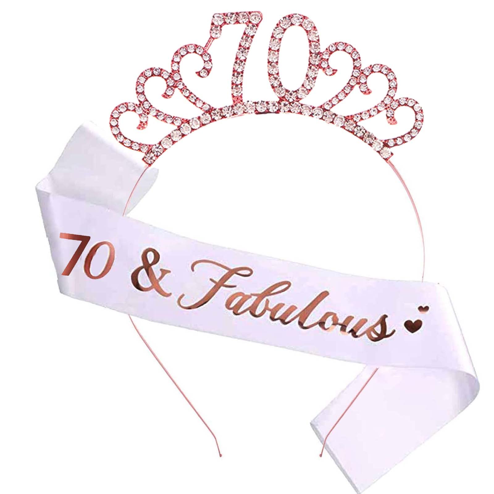 MIOSJI 70th Birthday Sash and Tiara Crystal Crown for Women 70th Birthday Decorations Gift Party Accessories (Rose Gold)