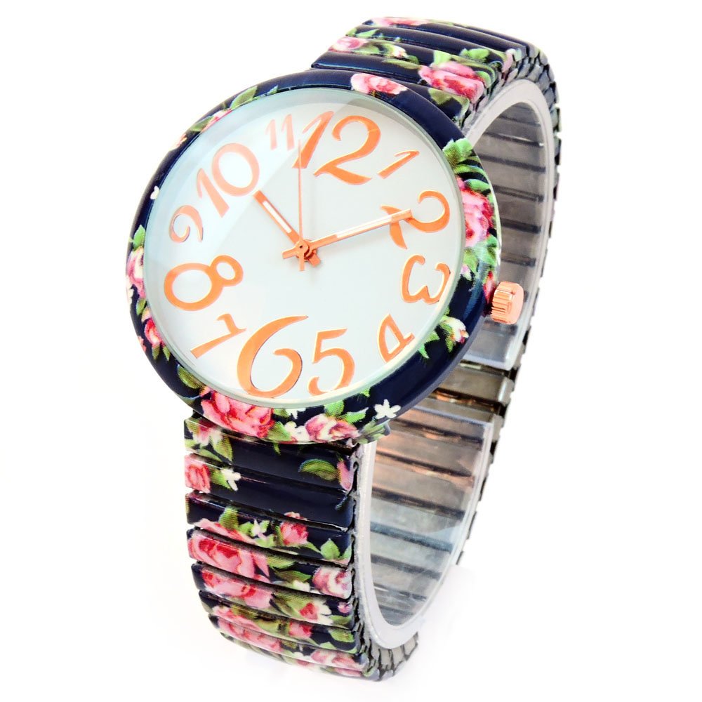 Navy Blue Roses Floral Print Large Face Easy to Read Stretch Band Extension Women's Watch, Quartz Movement