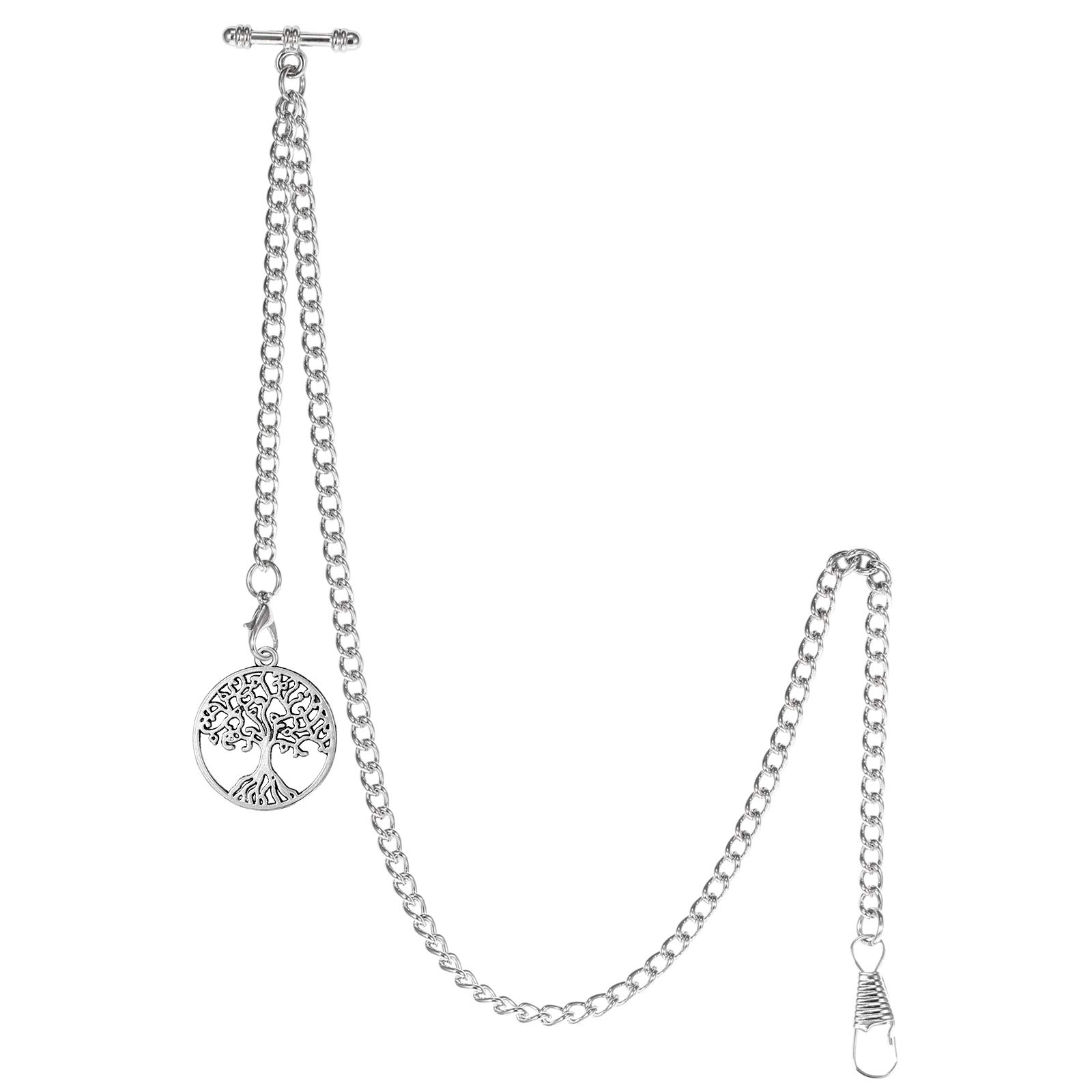 TREEWETO Men's Albert Chain Pocket Watch Curb Link Key Chain 2 Hooks with Antique Life Tree Pendant Design Charm Fob T Bar, Silver