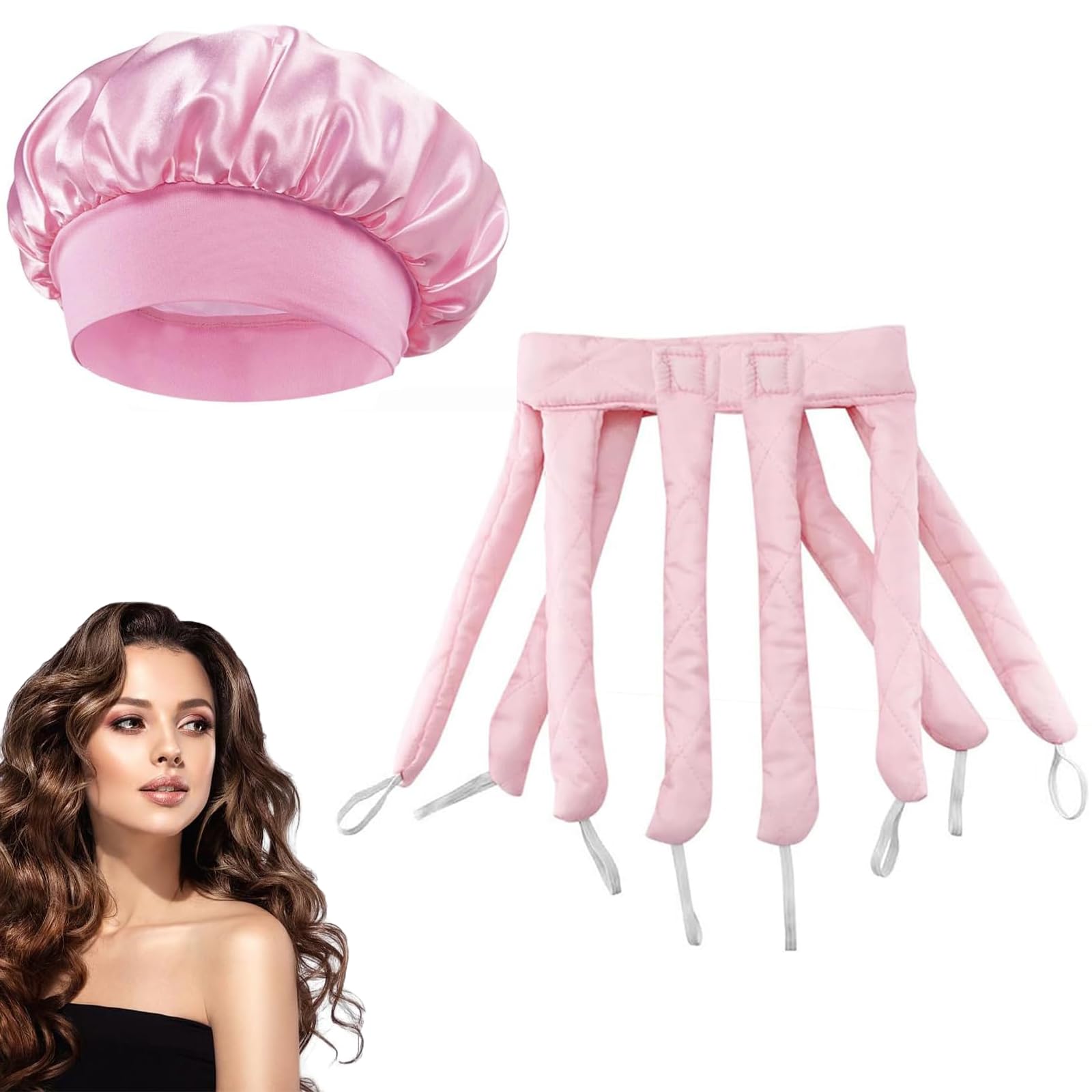 2PCS Heatless Curlers,Hair Curlers No Heat,No Heat Hair Curlers,Heatless Hair Curler Soft Sleeping Overnight Silk Ribbon Rollers Lazy Curler Set DIY Hair Styling Tools (Includes Nightcap)