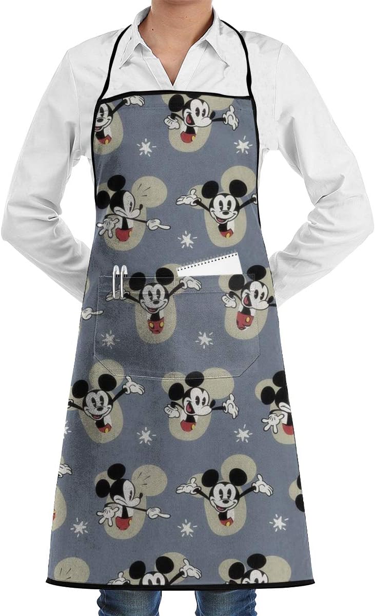 Duwamesva Kitchen Apron- Mickey Mouse Print, Restaurant Coffee Shop Bib Aprons with Big Pocket