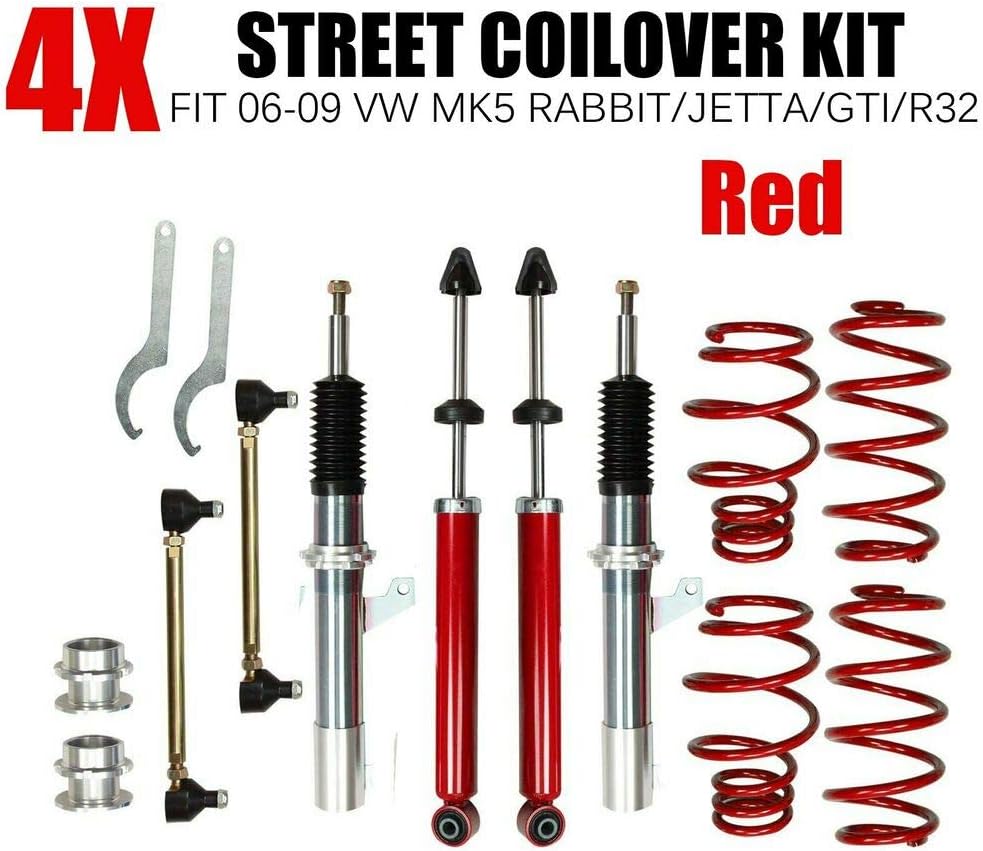 4PCS STREET COILOVER KIT, Compatible with 2006-2009 VW MK5 RABBIT/JETTA/GTI/R32 RED