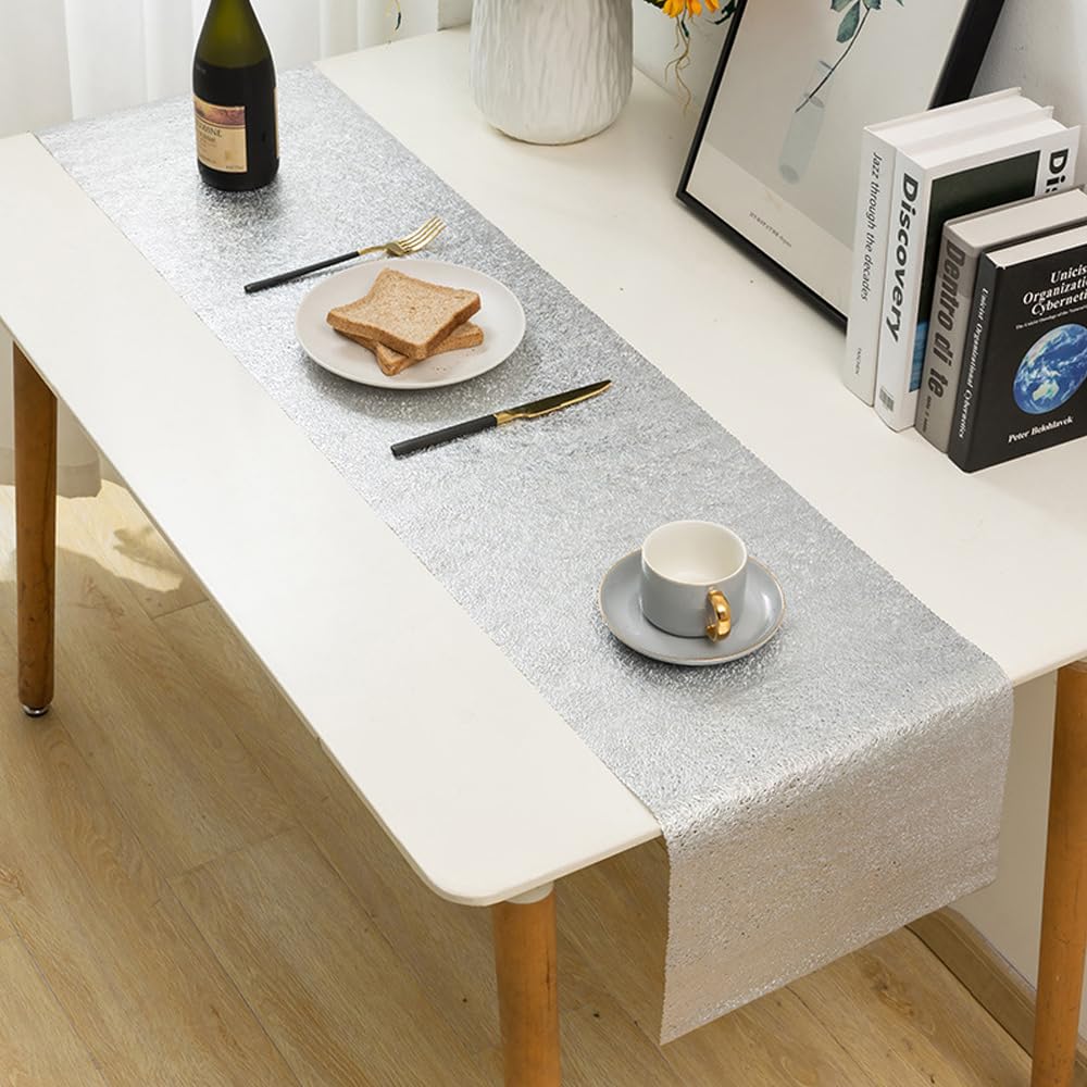 Hosoncovy Hollow Table Runner Non-slip Decorative PVC Table Mats Placemat Heat Resistant Mats for Home Party Kitchen Dining Wedding Decor (150CM X 33CM) (Silver)