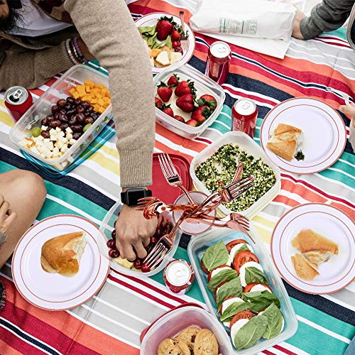 192 PCS 20 Guests Rose Gold Disposable Plastic Tableware Set, BPA Free Plastic Plates Silverware Includes Dinner Plates, Dessert Plates, Plastic Cutlery, Cups, Napkins, Straws, Banner & Table Runner. - Thumbnail 5