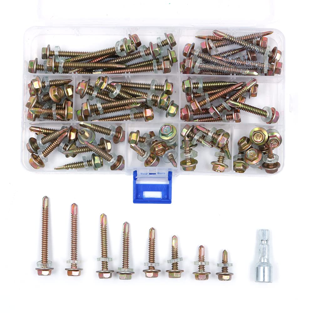 BOX of 80 ZONADAH M4.8 Carbon Steel Hex Washer Head Self Drilling Sheet Metal Tek Screws Assortment Kit, from 4.8 * 16 to 4.8 * 50, DIY, Home Repair, Fence, Door fixing