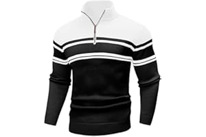 Wizoat Mens Sweater Quarter Zip Sweater Casual Striped Long Sleeve Fall Winter Warm Polo Pullovers