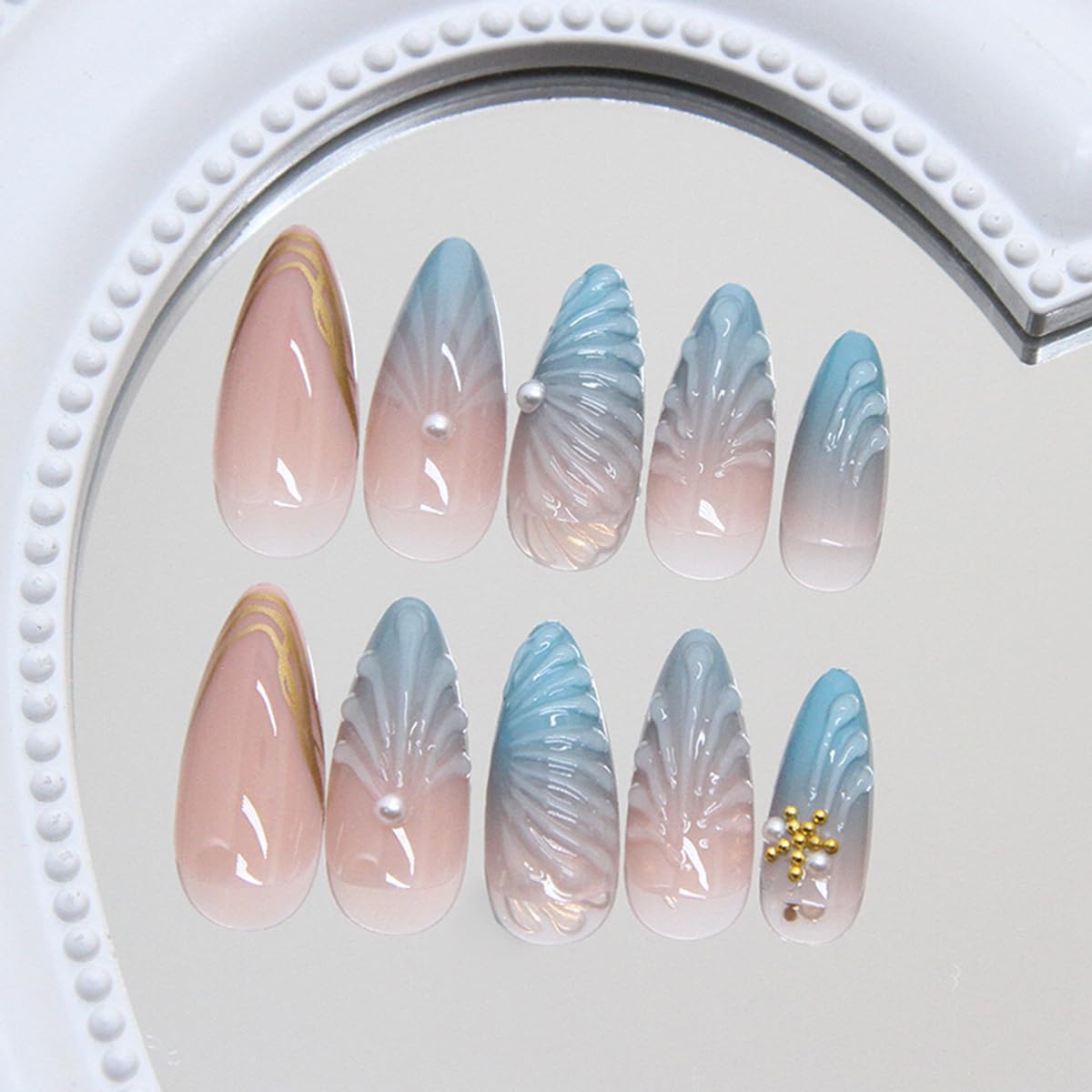24 Pcs Summer Press on Nails Short Almond,YEFIUO French Nail Tips Acrylic Nail Kit 3D Beach Shell Starfish Pearl Nail Art Fake Nails Press ons French Tip Glue on Nails Full Cover False Nails for Women - Image 3
