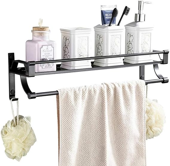 Towel Rack, Hook Hanger, Bathroom Shelves Rack Black Space