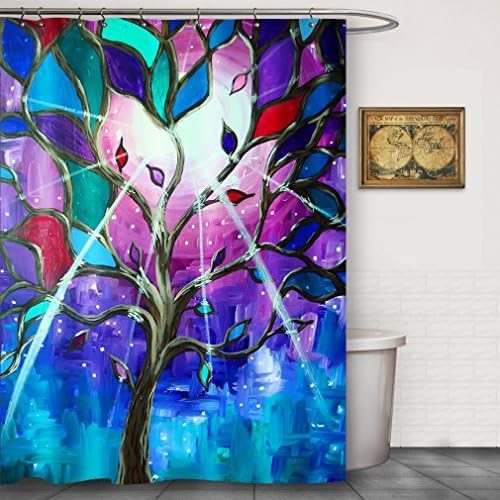 Tree of Life Fabric Shower Curtain by FOOG Glitter Light Art Painting Waterproof Mildew-Resistant Home Bath Decoration-Blue Red Aqua (70"Wx78"L)