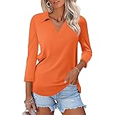 TICTICMISS Womens V Neck Polo Shirts 3/4 Sleeve Collared Tops Business Casual Summer Tops Trendy Loose