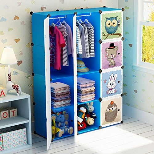 Koossy Expandable Clothes Closet Wardrobe Cupboards Armoire Storage Organizer, Capacious & Sturdy, 74 x 47 x 147 cm Blue, 8 Cubes&2 Hanging Sections