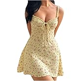 WDIRARA Women's Floral Cami Dress Boho Tie Front Sleeveless V Neck Flared A Line Short Dresses