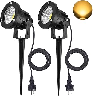 SanGlory 2er Set 7W LED Strahler Warmweiß 3000K mit Erdspieß, 2m Kabel mit Stecker, Led Garten Beleuchtung, Gartenleuchte Gartenstrahler Rasenstrahler IP65 Wasserdicht 800LM für Outdoor Hof Rasen