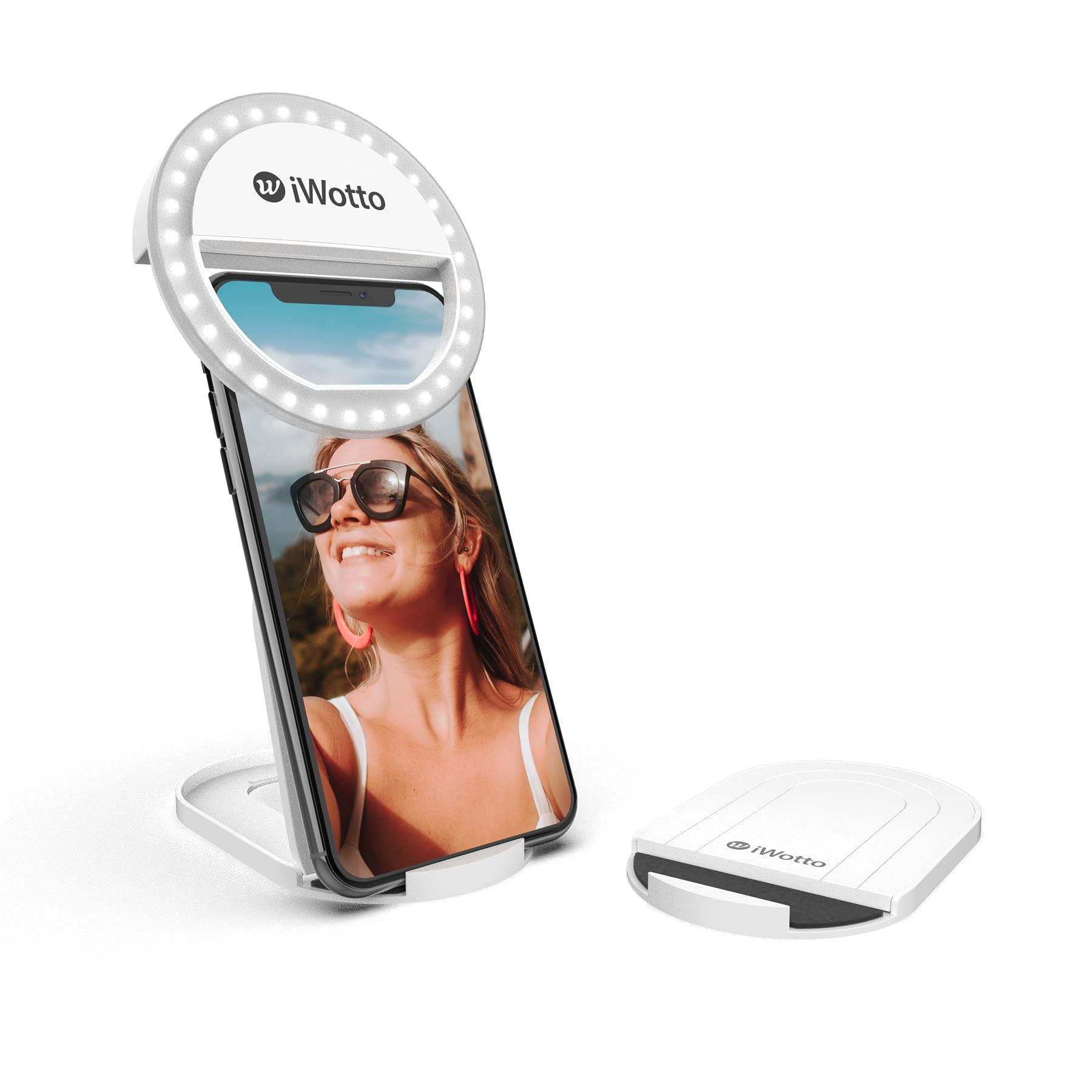 iWotto LED Mobile Ring Light with Stand - 2 Modes and 3 White Light Intensities - Ring Light for Selfie, TikTok - Ring Light USB Rechargeable - 36 LEDs Universal for Smartphone, Tablet, PC - White