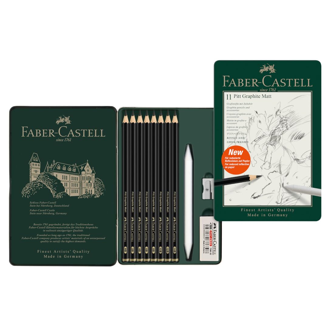 Faber-Castell Art & Graphic Pitt Graphite Matt Pencil, Matt Graphite, Tin of 11, for Craft, Drawing, Sketching, Home, School, University, Colouring