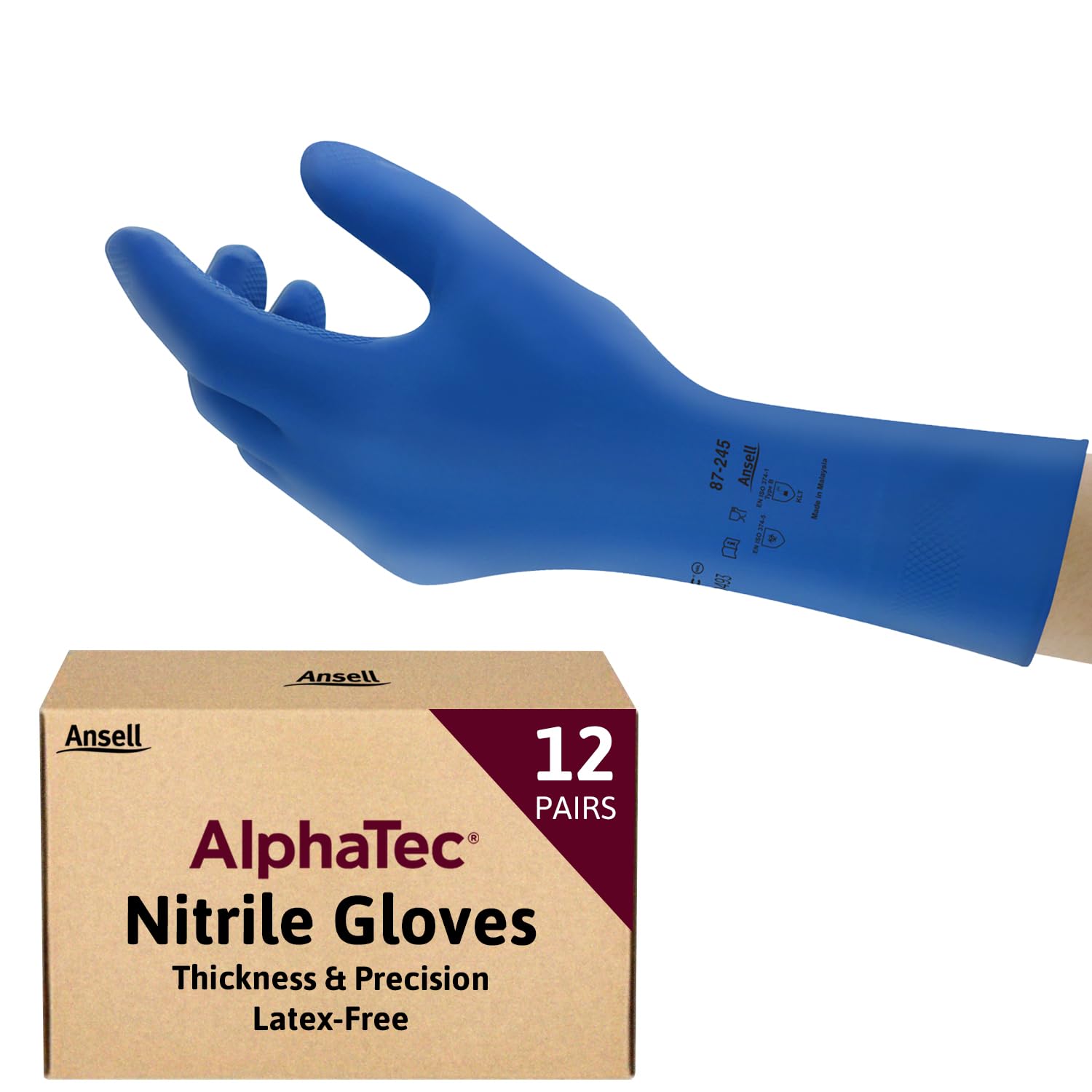 Ansell AlphaTec 87-245 Multipurpose Latex Gloves with Long Cuff, Chemical Protection and Food Safety, Reusable Kitchen Gloves, Household Cleaning and Dishwashing, Blue, Size L (12 Pairs)