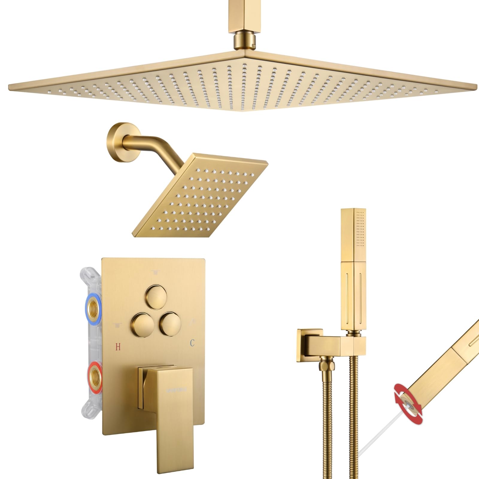 VANFOXLE Shower Faucet Set Brushed Gold Shower System,Shower Faucet with 2 in 1 Handheld,Ceiling Mount 16 Inch Shower Head+6 Inch Shower Head(Rough-in Valve Body and Trim) Image