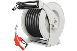 BREARO Diesel Fuel Hose Reel Retractable 1" x 50' with Fueling Nozzle Diesel Hose Reel 300 PSI Industrial Auto Swivel Heavy Duty Steel Construction for Farm Ship Vehicle Tank