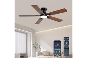 GJeg Ceiling Fans with Lights, 52 Inch Low Profile Ceiling Fan with Light and Remote, Flush Mount Ceiling Fan, 3CCT, Dimmable, Noiseless, Ceiling Light Fan for Bedroom, Indoor/Outdoor Use,Brown