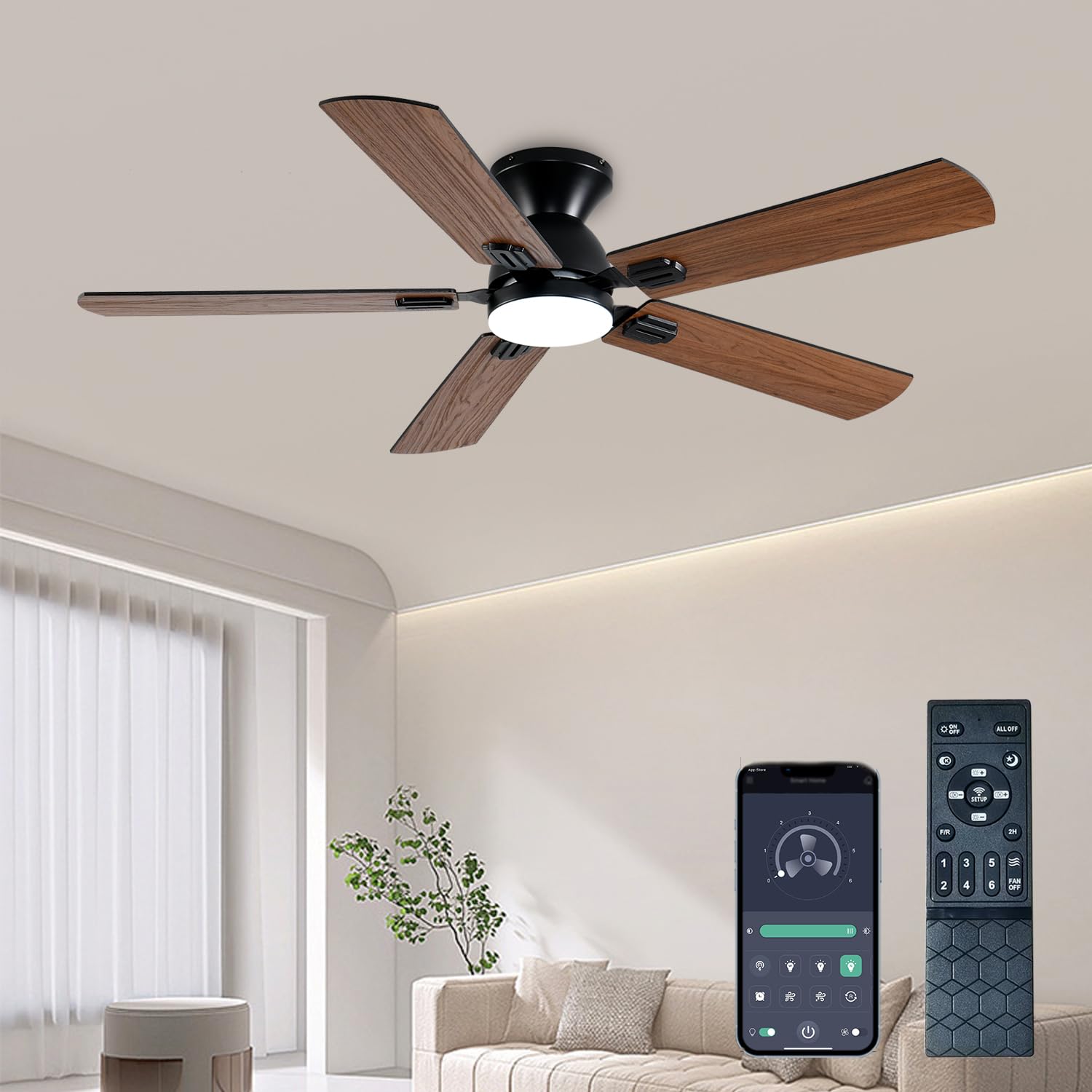 Photo 1 of GJeg Ceiling Fans with Lights, 52 Inch Low Profile Ceiling Fan with Light and Remote, Flush Mount Ceiling Fan, 3CCT, Dimmable, Noiseless, Ceiling Light Fan for Bedroom, Indoor/Outdoor Use,Brown