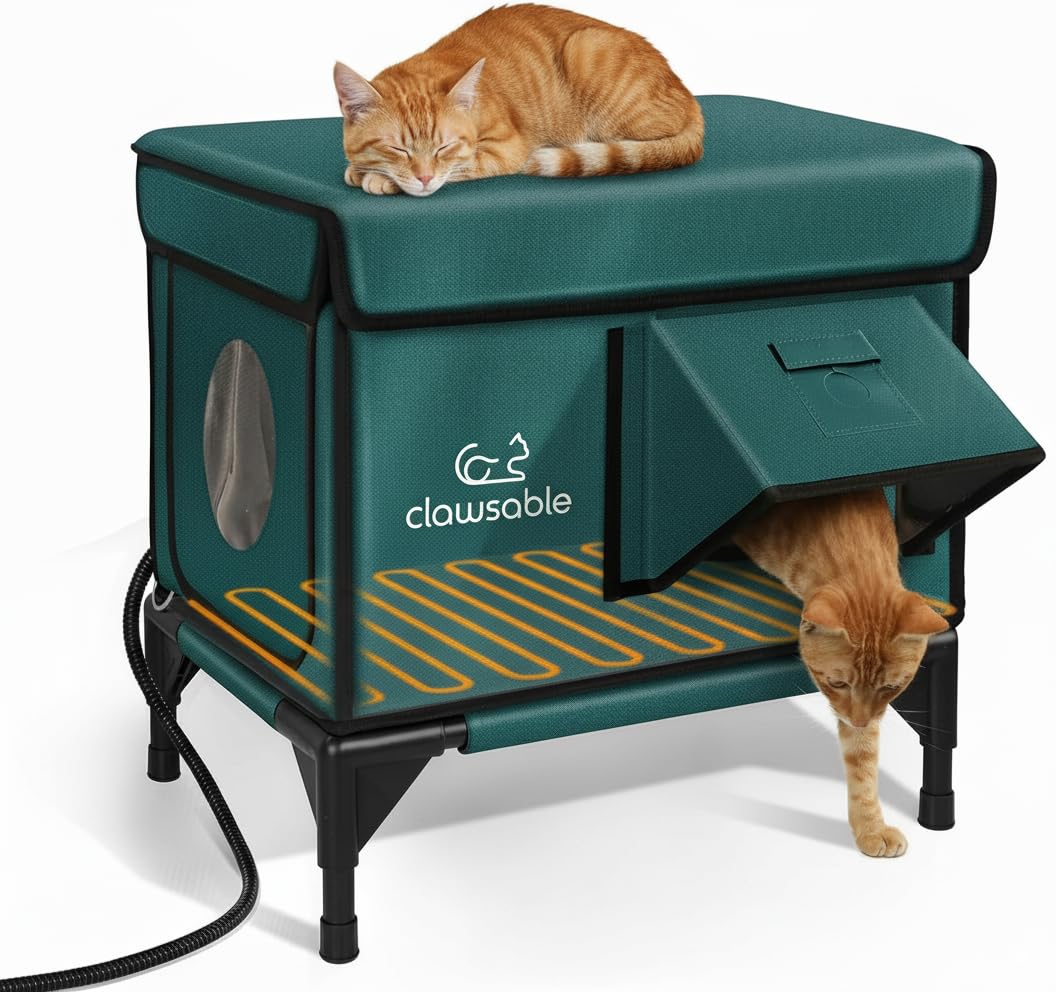 Photo 1 of Indestructible Heated Cat House for Outside Winter, 100% Waterproof, Safe Escape Door, Insulated Outdoor Cat Shelter with Heater for Feral Barn Cat Kitty (Forest Green, 13"x17"x18")