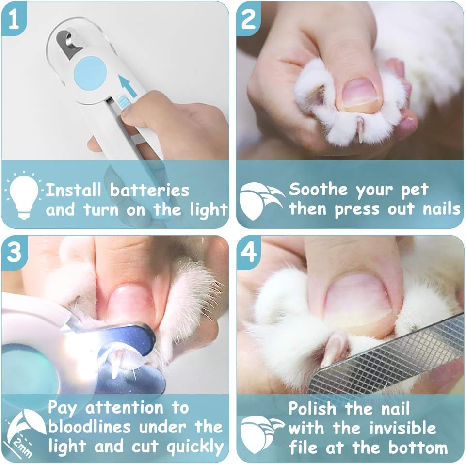Yoobure Cat Dog Nail Clippers and Trimmer, Pet Nail Clippers with LED Light to Avoid Over-Cutting, Hidden Nail File & Razor Sharp Blade, Professional Grooming Tools Kit for Small Animals Claw Care