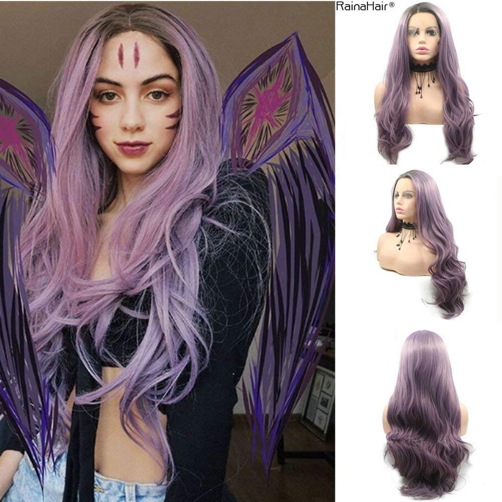 RainaHair Side Parting Lavender Purple Long Wavy Wig Synthetic Lace Front Wigs for Women Dark Roots to Purple Ombre Wig Cosplay Costume Fancy Dress Natural Look 24inch