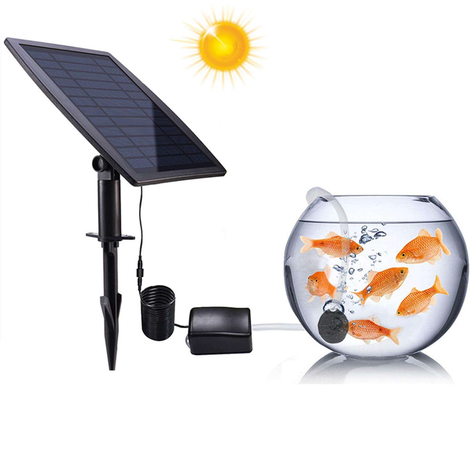 Yuehuamech Solar Air Pump Oxygenator Hydroponics Aquarium Fish Tank Pond Aerator with Bubble Stones, 2.5m Hose, 1L/min Air Flow, 22hr Battery Life, 3 Modes, Black, Solar Powered