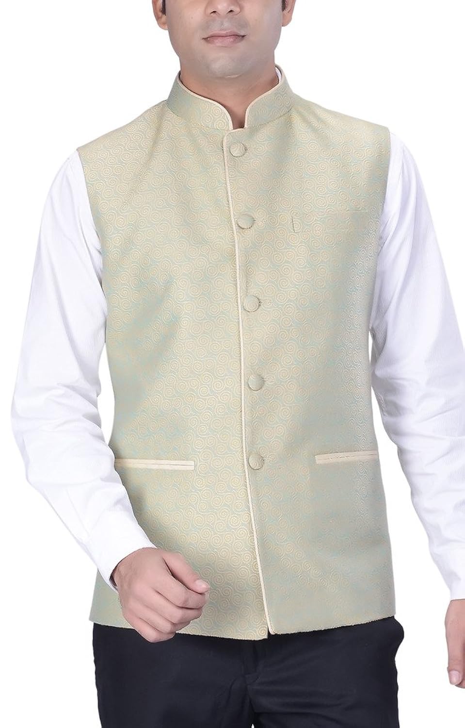 kisah men's woven cotton silk green nehru jacket