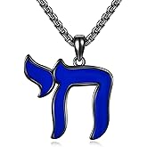 CUPENDA Chai/Star of David/Satanic Upside Down Pentagram Sterling Silver Blue Letter Black Pendant Necklace Black Chai Jewelry for Women Men