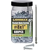 LIONMAX Pocket Screws #8 x 1 Inch, Wood Screws Coarse Thread 600PCS, Washer Head Square Drive Screws for Pocket Hole, Self Tapping, Zinc Plated, Rust-Resistant, 150MM Drive Bit Included
