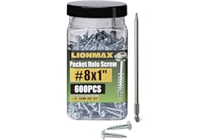 LIONMAX Pocket Screws #8 x 1 Inch, Wood Screws Coarse Thread 600PCS, Washer Head Square Drive Screws for Pocket Hole, Self Tapping, Zinc Plated, Rust-Resistant, 150MM Drive Bit Included