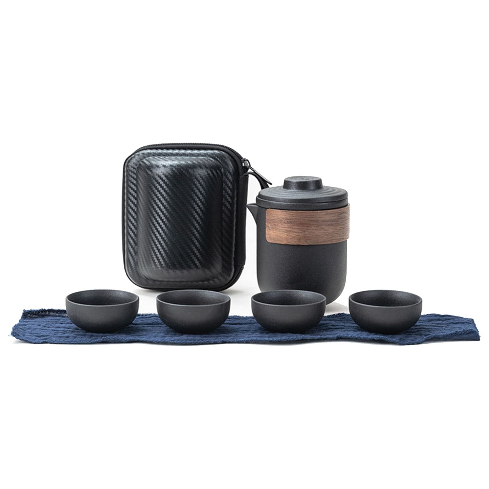 Travel Tea Set, High Temperature Resistant Eagle Spout Ceramic Portable Small Teapot Cup with Storage Bag for Outdoor (Black Pot with 4 Cups)