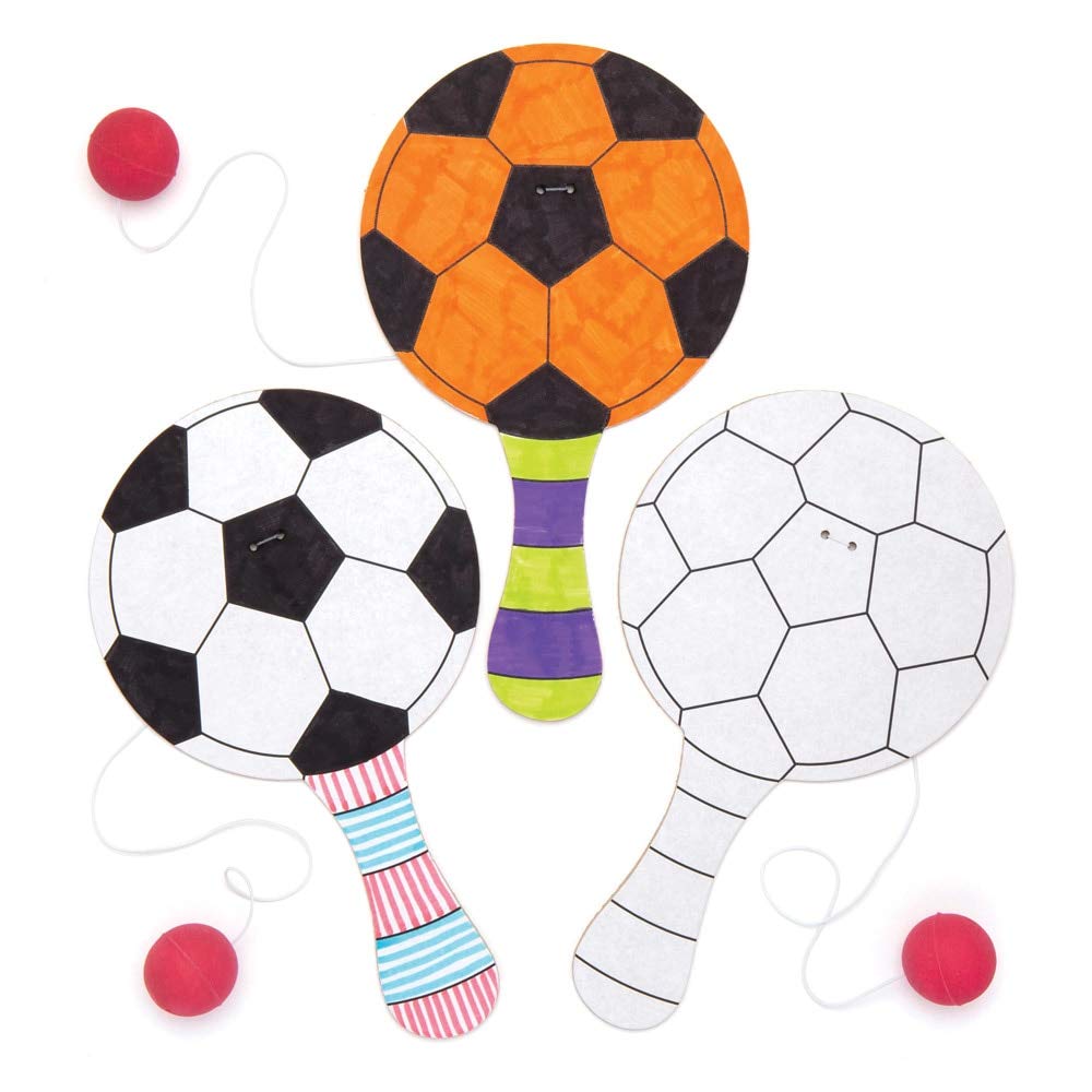 Baker Ross Mini Colour In Football Paddle Bat and Ball, Elasticated Bat and Ball for Kids to Personalise, Decorate and Play with for Arts and Crafts (Pack of 5)