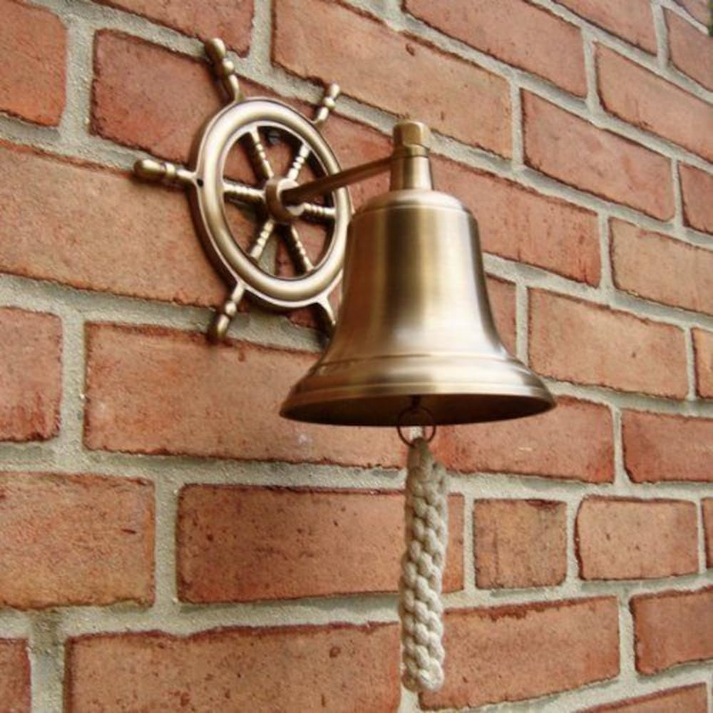 Purpledip Brass Nautical Bell with Captain's Wheel Hook: Unique Pirate Ship Marine Decor Gift (11402) — image 1