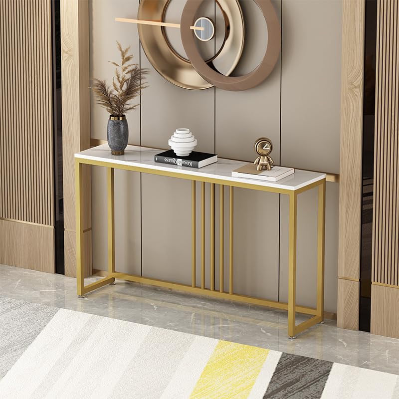 Beauenty Console Table for Entryway, 100cm Entryway Table with Golden Frame, Narrow Long Sofa Side Table,TV Cabinet, Hallway Table for Bedroom, Living Room, Foyer (Gold & White)