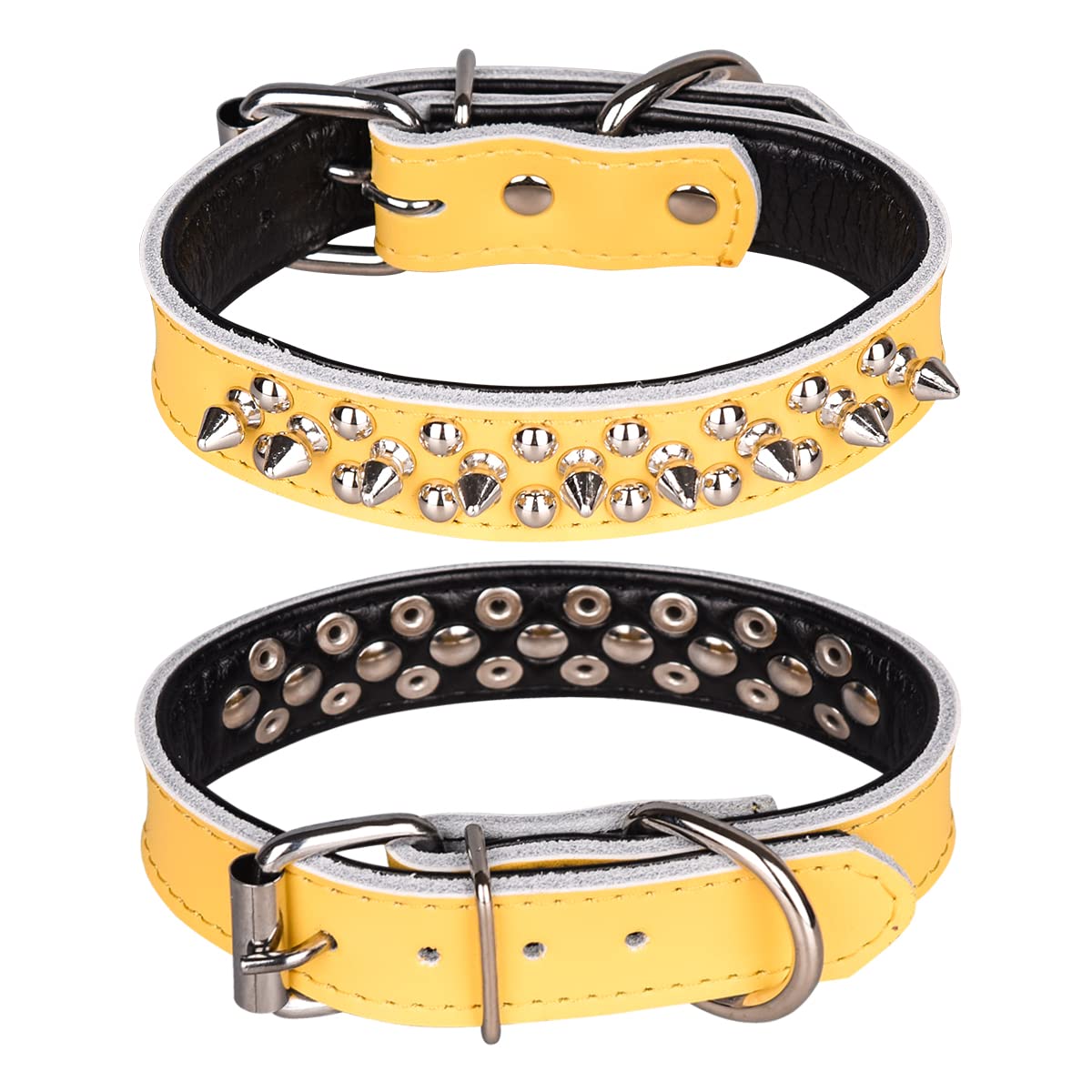 haoyueer Spiked Studded Dog Collar, Genuine Leather Dog Collar, Adjustable Pet Collars for Medium Large Bulldog Pitbull Mastiff Poodle Boxer (M, Yellow-2)