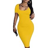 Nimsruc Womens Summer Casual Sexy Short Sleeve Bodycon Dress Basic Pencil Midi Club Dresses