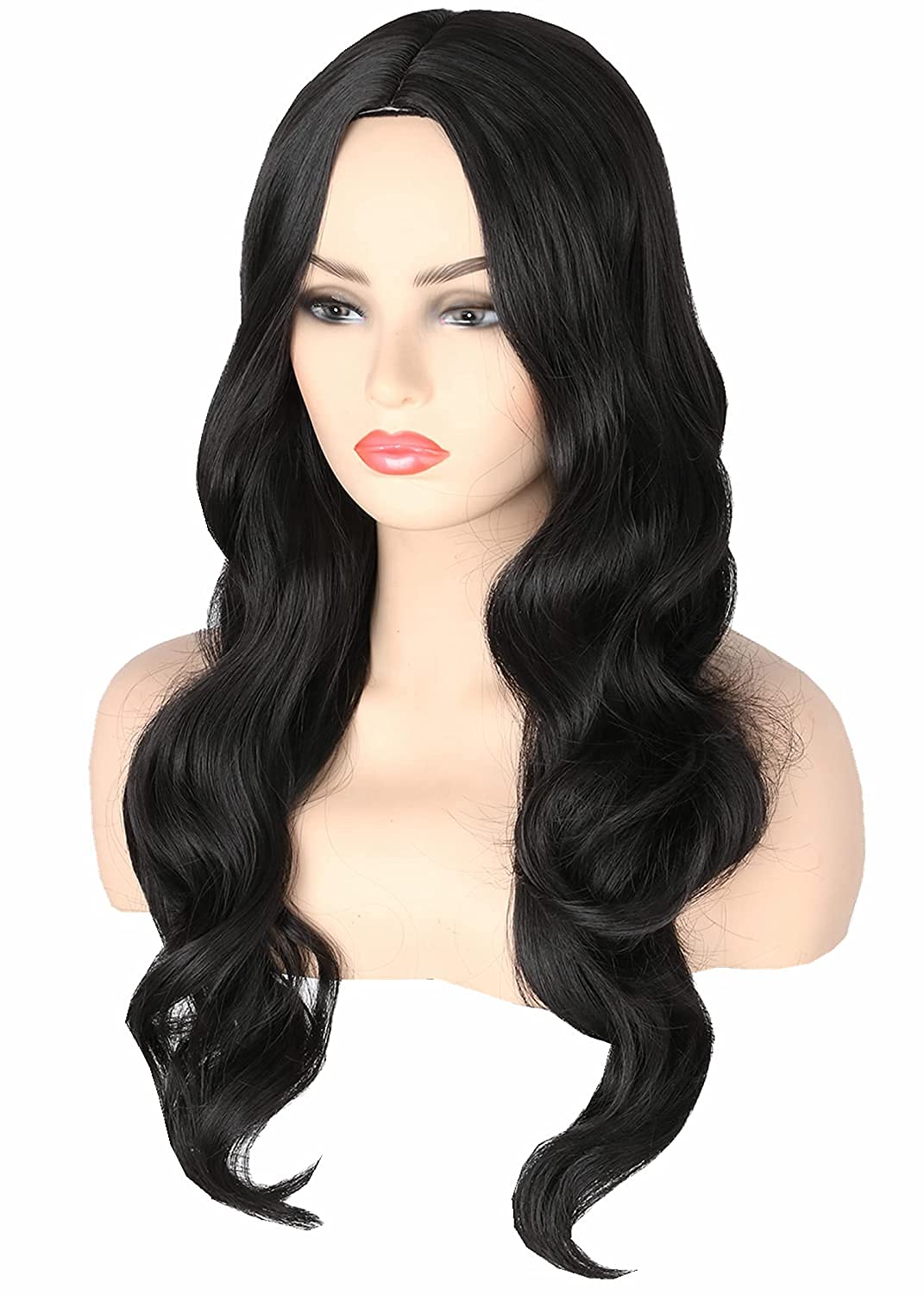 Photo 1 of Topcosplay Black Wigs for Women Long Wavy Middle Part Full Wigs Halloween Cosplay Synthetic Wig