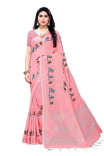linen with blouse piece Saree (HEMA PINK_1 Free)
