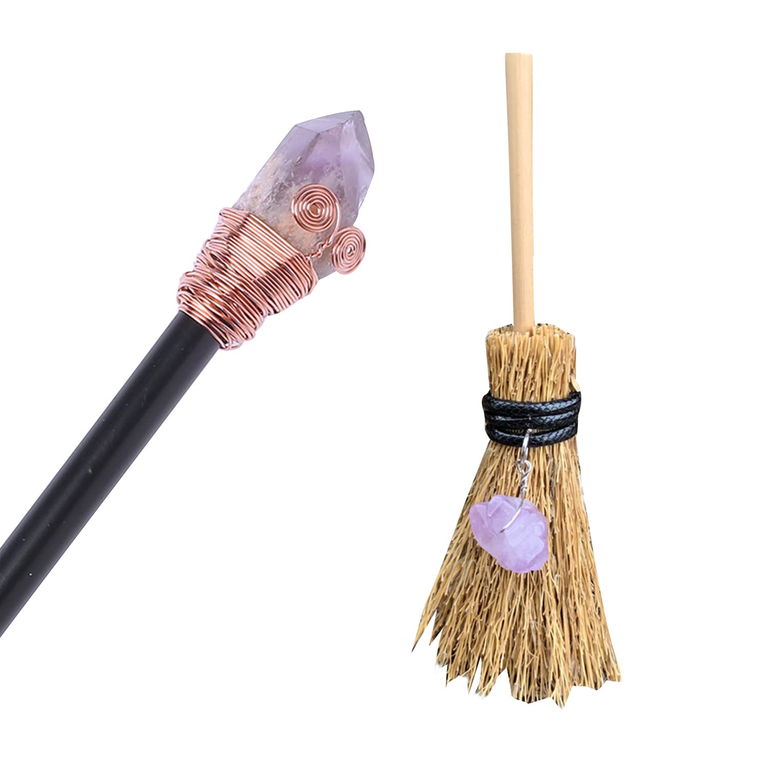 Healing Crystal 1Pcs Natural Amethyst Harry Potter Magic Wand and 1Pcs Witch Mini Straw Broom