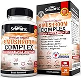 Premium Organic 8 Mushroom Complex Supplement with Lions Mane & Cordyceps- Nootropic Capsules for Focus, Clarity, and Stress Relief - Promotes Energy and Stamina - Supports Immune Response & Memory