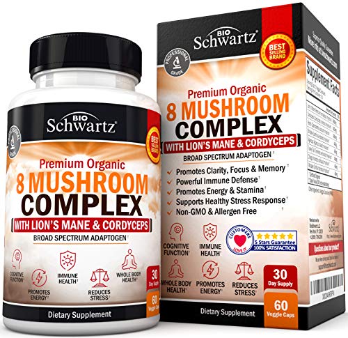 Premium Organic 8 Mushroom Complex Supplement with Lions Mane & Cordyceps- Nootropic for Focus, Clarity, and Stress Relief - Promotes Energy and Stamina - Supports Immune Response & Memory