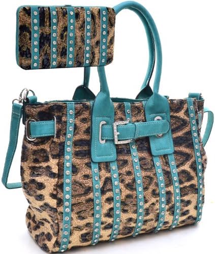 Women Fasion Purse Leopard Print Handbag Western Rhinestone Tote Bag With Matching Wallet - Turquoise/Leopard