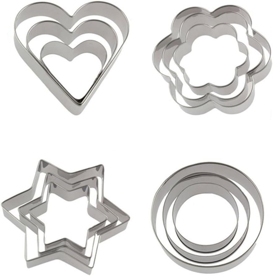 VNC 12 Pcs Metal Stainless Steel Cookie, Pastry Fruit Cutters Set - Moulds, Stars, Flowers, Round, Hearts, Vegetable, Shape, Assorted Sizes for Kitchen, Baking, Halloween & Christmas.