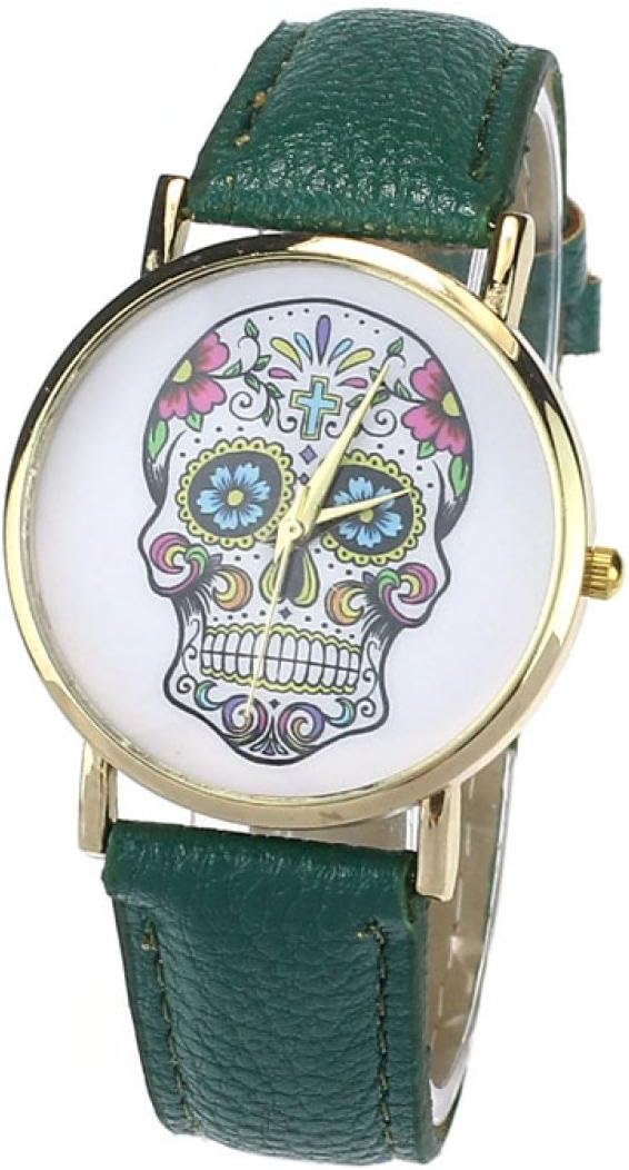 Denis Charm New Style Hot Selling Womens Fashion Gold Colorful Skull Ghost Head Pu Leather Novelty Quartz Watch (Green)
