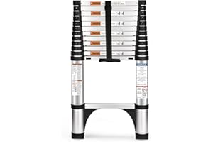 Soctone Telescoping Ladder, 12.5 FT Aluminum Button Retraction Extension Ladder with 2 Triangle Stabilizers, Multi-Purpose Ladder with Slow Down Design, 330lbs Max Capacity for House Daily Life