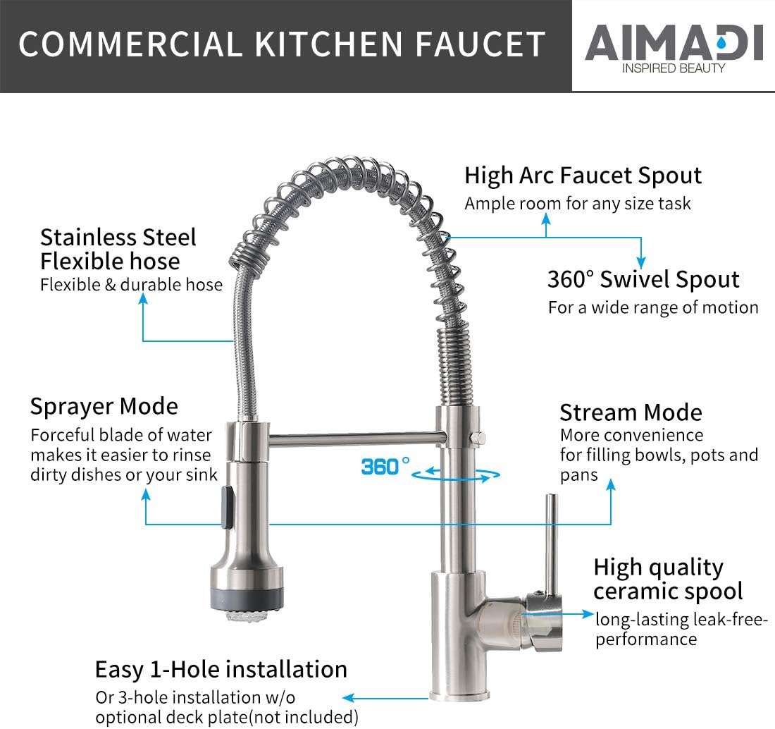 Modern Kitchen Faucet Pull Down Sprayer, Stainless Steel Single Handle Kitchen Sink Faucet with LED Light, Brushed Nickel - - 