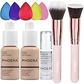 PHOERA 2 Pack Nude 102 Foundation & Primer Set, Full Coverage, Matte Finish, 24 HR Oil Control Concealer, Foundation Brush, Powder Brush, 5 Makeup Sponge